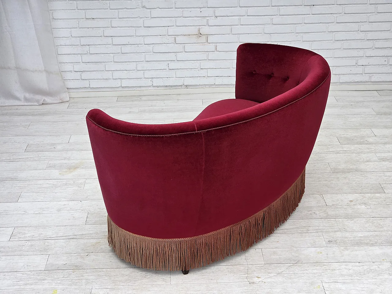 Danish 2-seater curved sofa, red velour, beech wood, 1970s 14