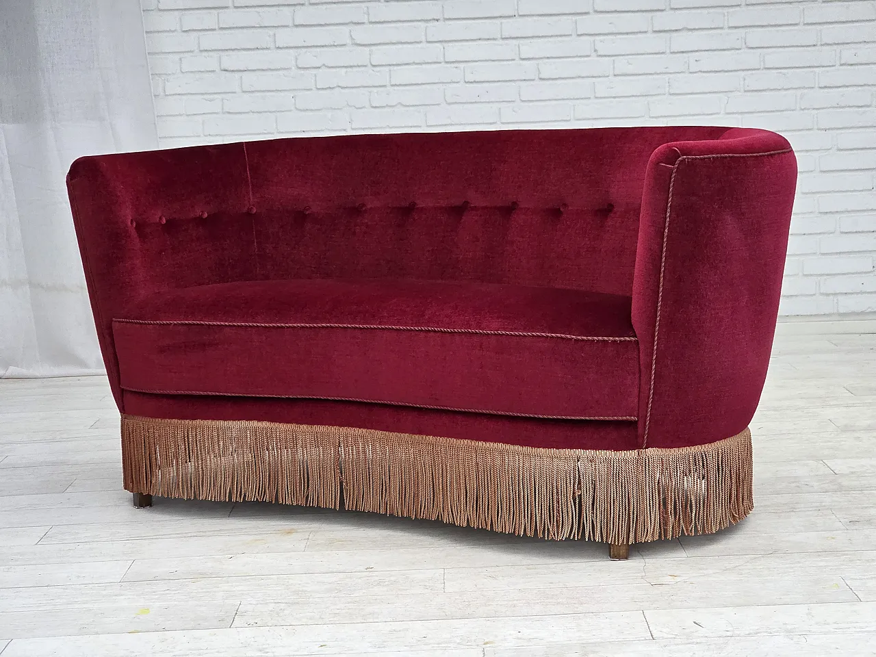 Danish 2-seater curved sofa, red velour, beech wood, 1970s 16