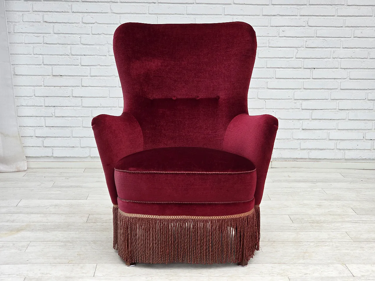 Danish highback armchair, red velour, beech wood, 1970s 1