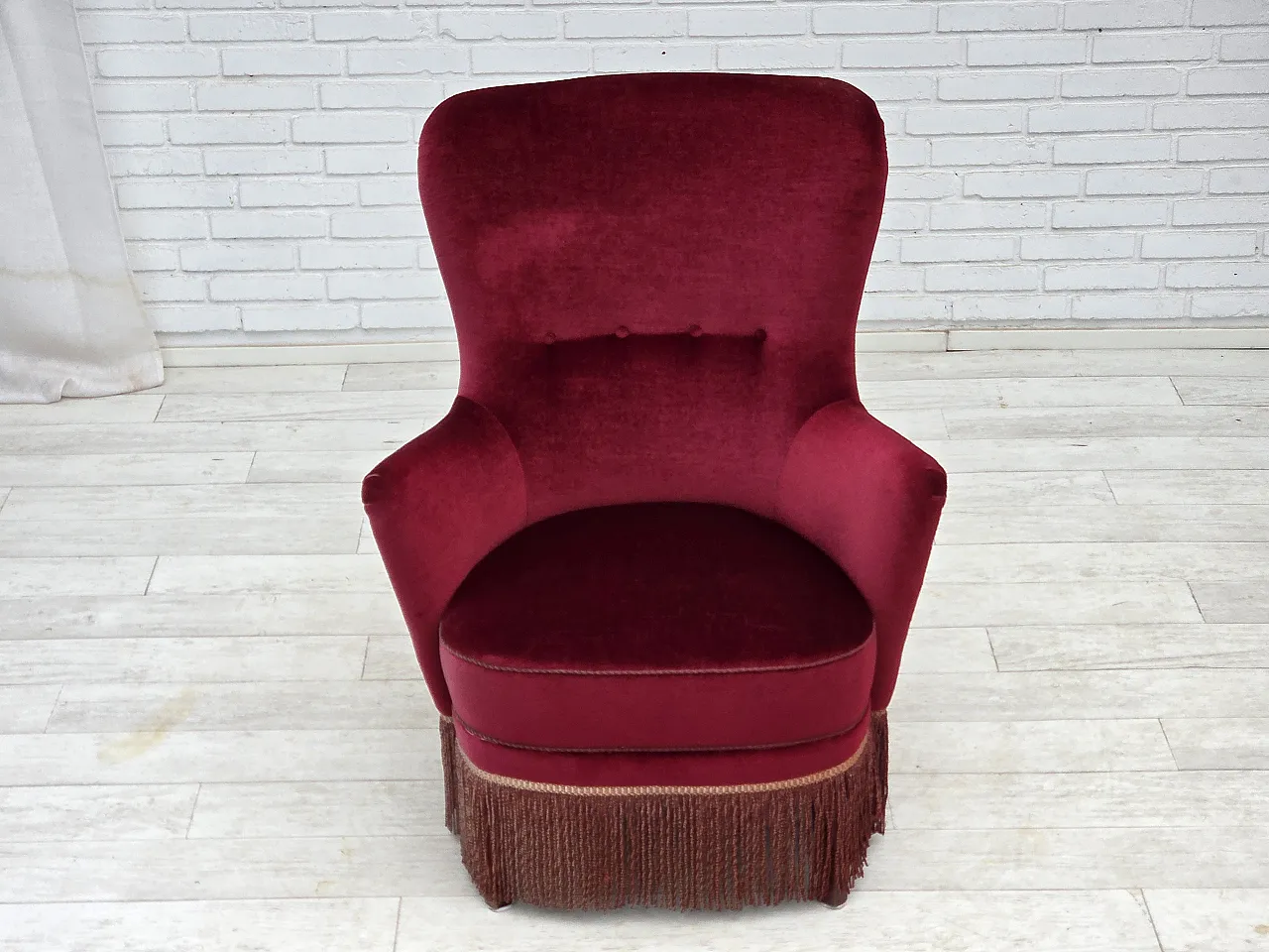 Danish highback armchair, red velour, beech wood, 1970s 2