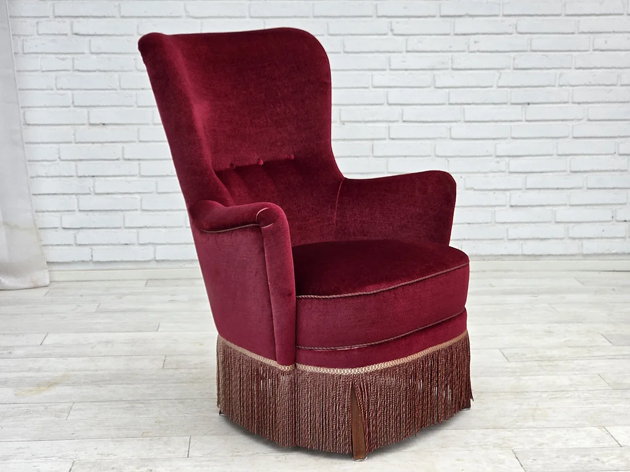 Danish highback armchair, red velour, beech wood, 1970s 3