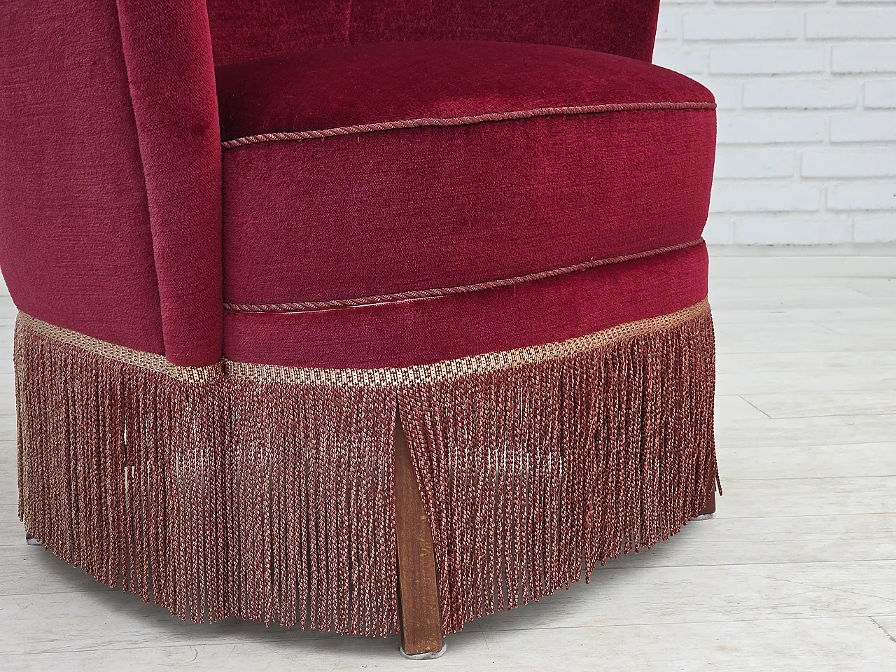 Danish highback armchair, red velour, beech wood, 1970s 4