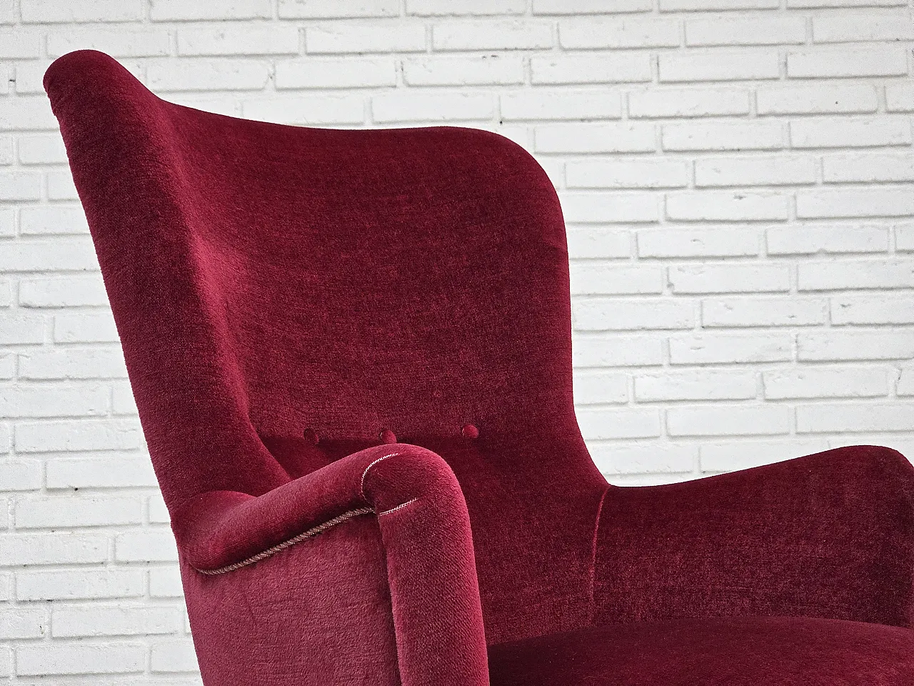 Danish highback armchair, red velour, beech wood, 1970s 5