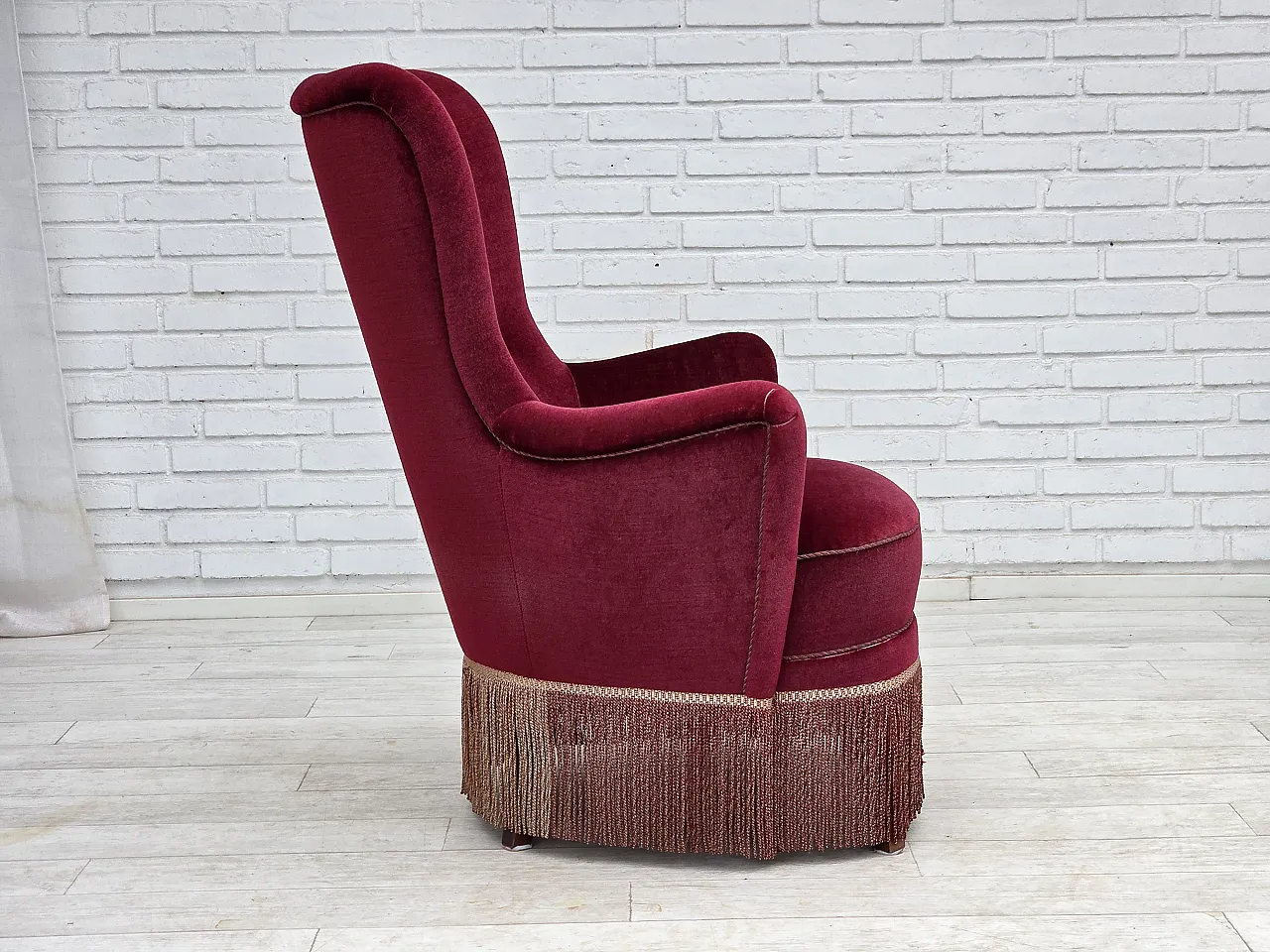 Danish highback armchair, red velour, beech wood, 1970s 6