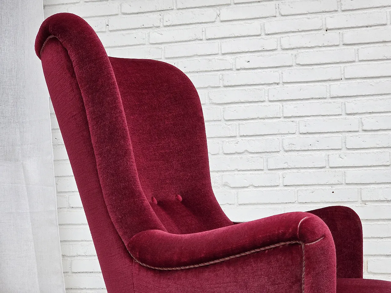 Danish highback armchair, red velour, beech wood, 1970s 7