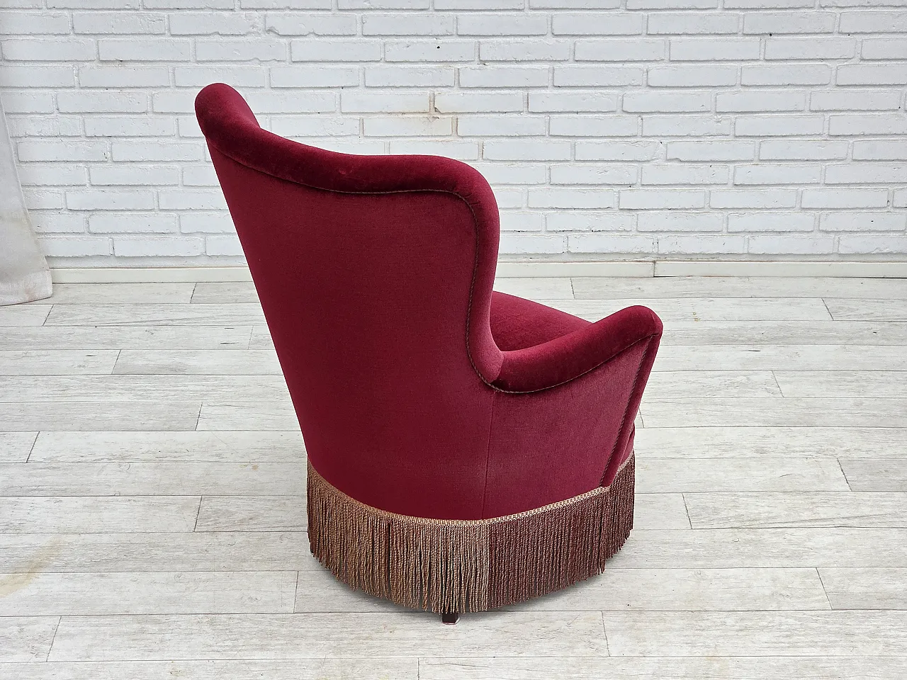 Danish highback armchair, red velour, beech wood, 1970s 8