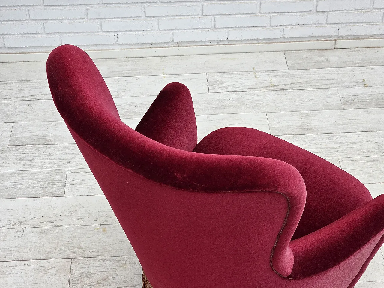 Danish highback armchair, red velour, beech wood, 1970s 9