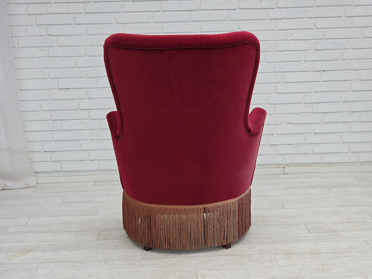 Danish highback armchair, red velour, beech wood, 1970s 10