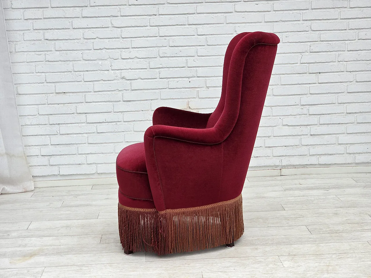 Danish highback armchair, red velour, beech wood, 1970s 11