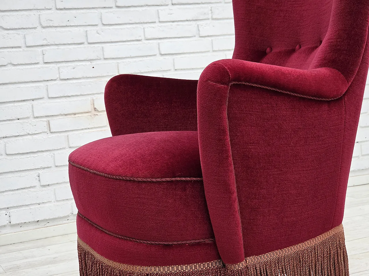Danish highback armchair, red velour, beech wood, 1970s 12