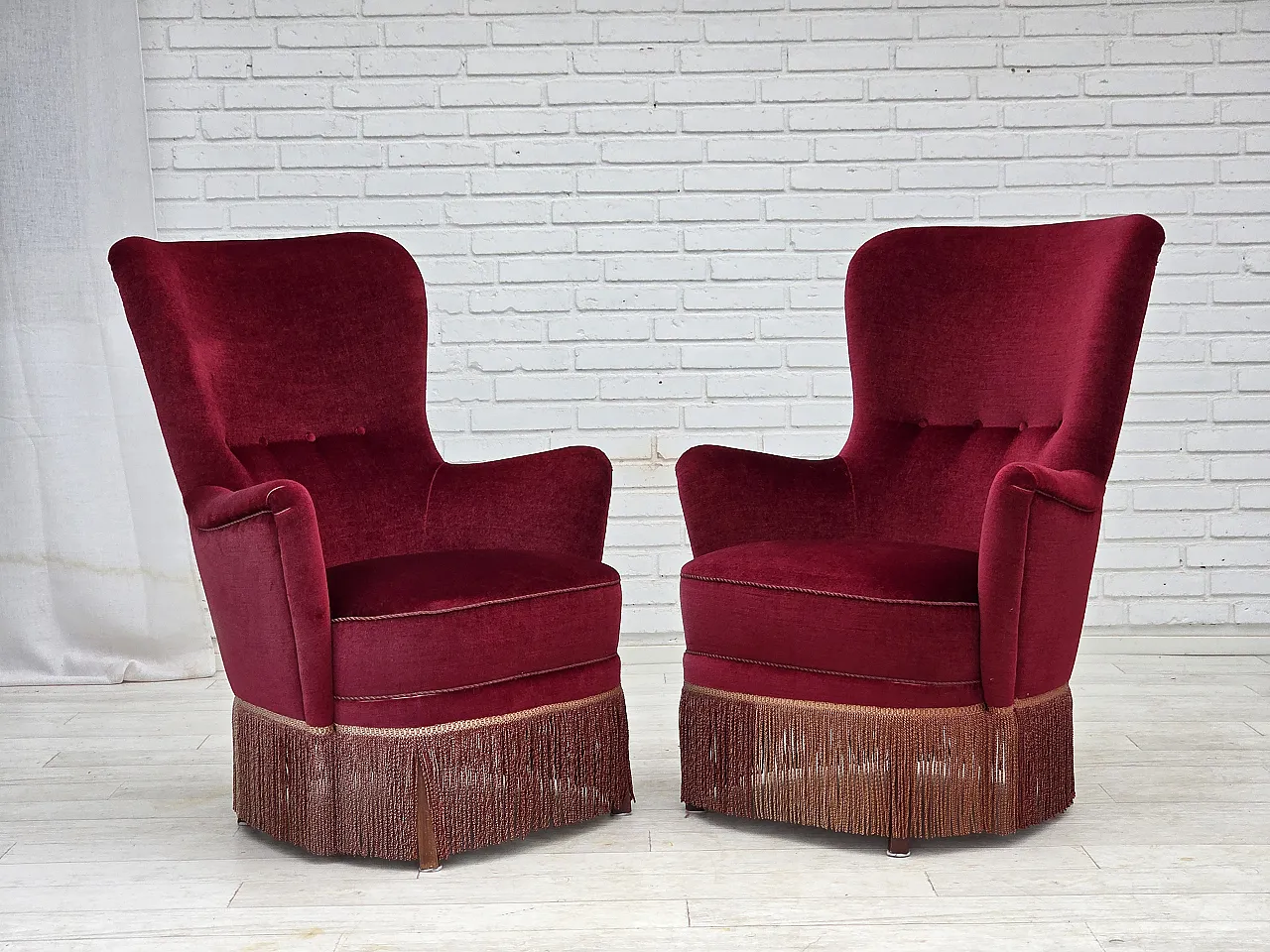 Danish highback armchair, red velour, beech wood, 1970s 13