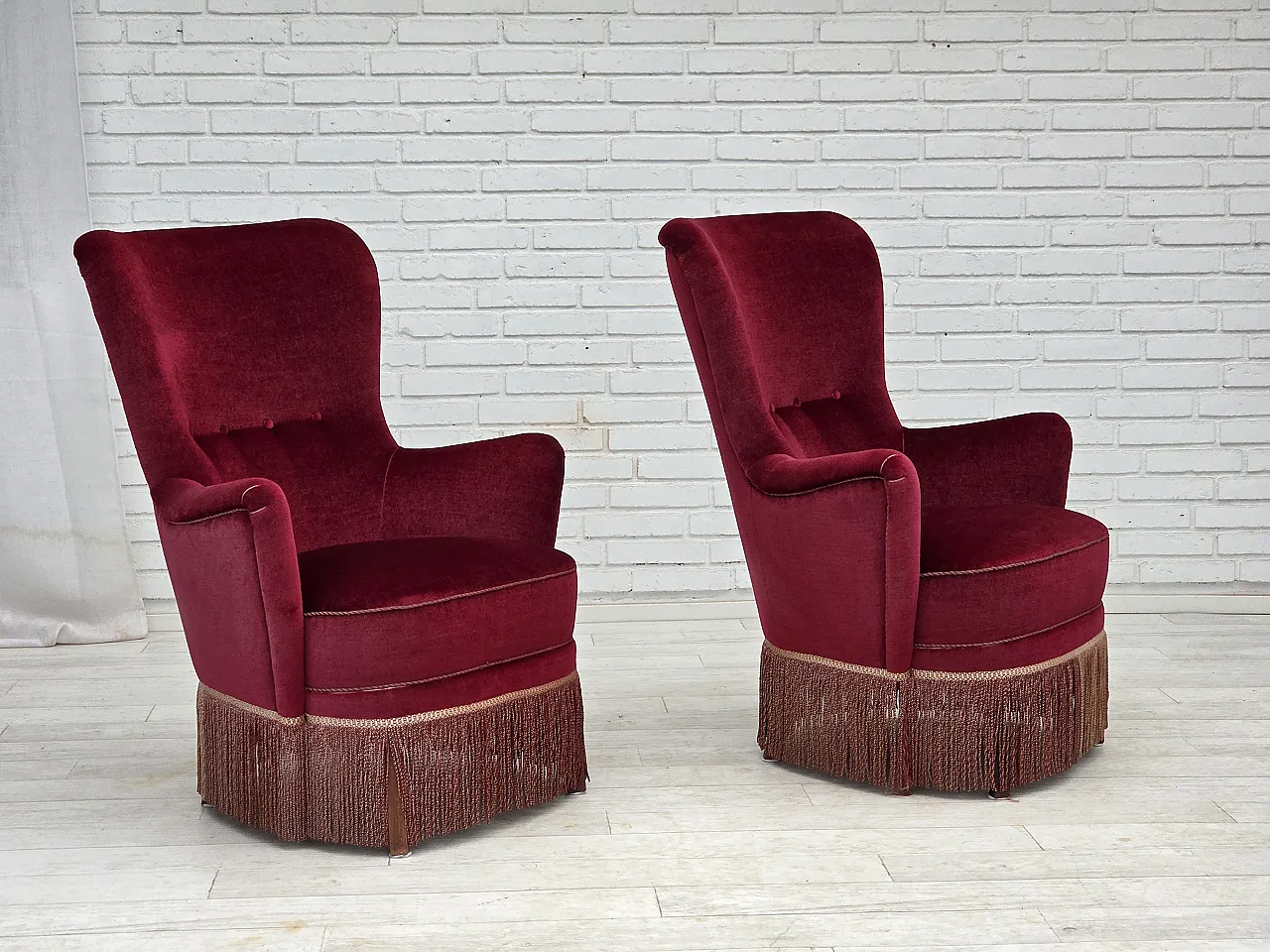 Danish highback armchair, red velour, beech wood, 1970s 14