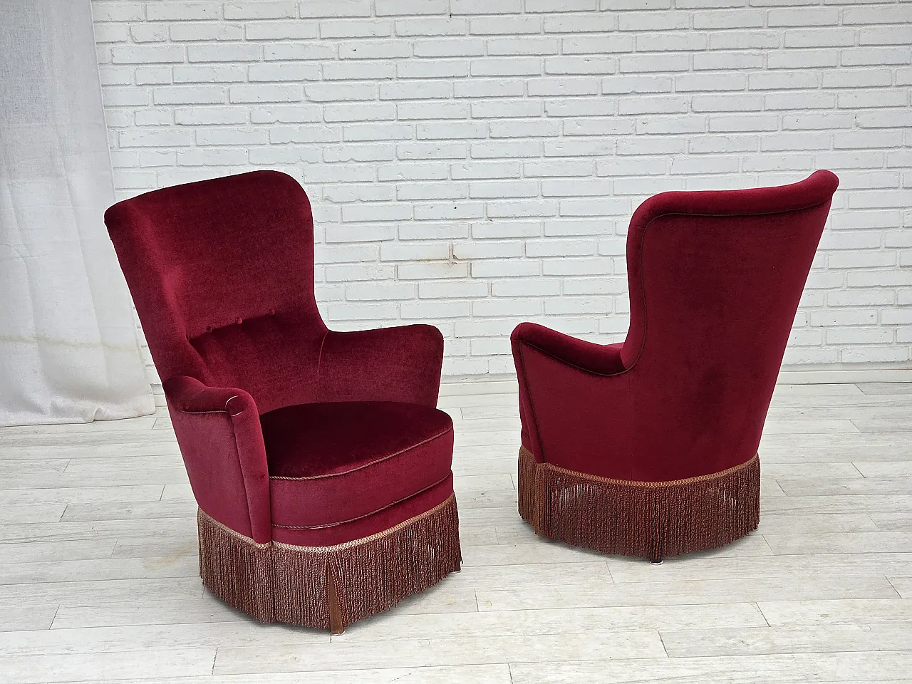 Danish highback armchair, red velour, beech wood, 1970s 15