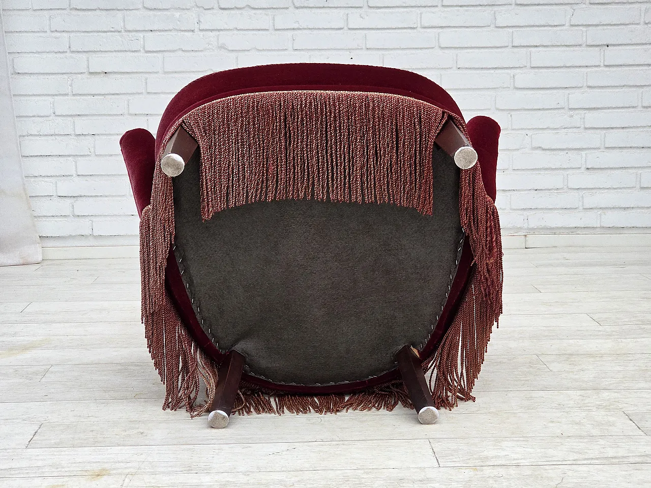 Danish highback armchair, red velour, beech wood, 1970s 16