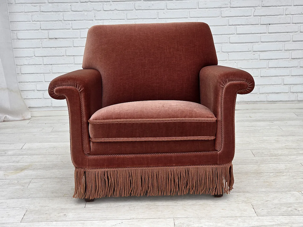 Danish armchair, salmon pink furniture velour, beech wood, 1970s 1
