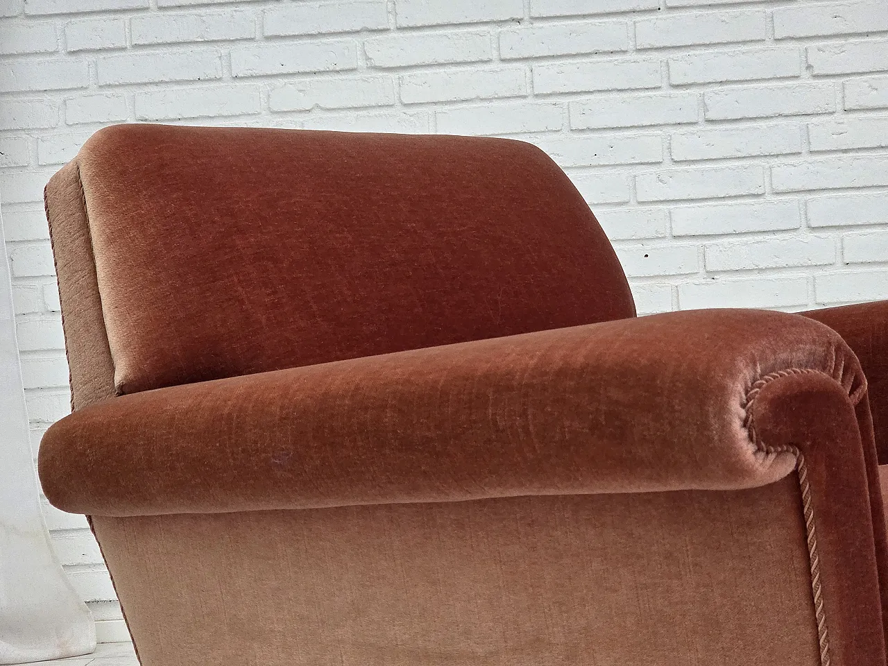 Danish armchair, salmon pink furniture velour, beech wood, 1970s 4