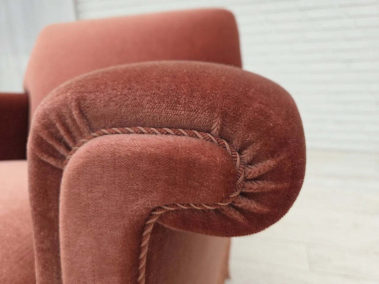 Danish armchair, salmon pink furniture velour, beech wood, 1970s 6