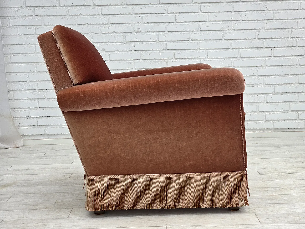 Danish armchair, salmon pink furniture velour, beech wood, 1970s 7
