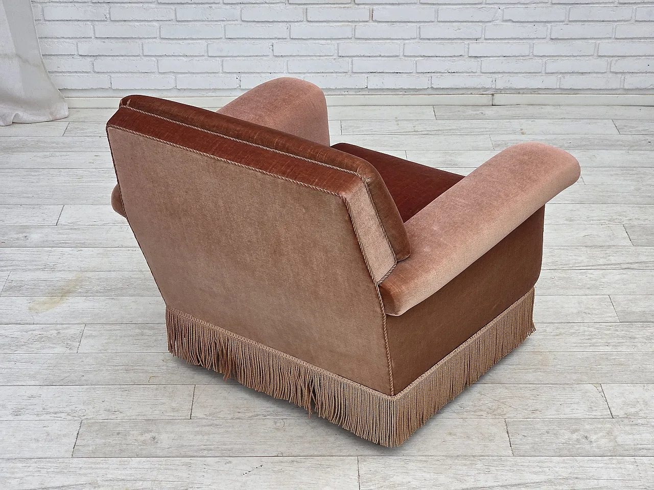 Danish armchair, salmon pink furniture velour, beech wood, 1970s 9