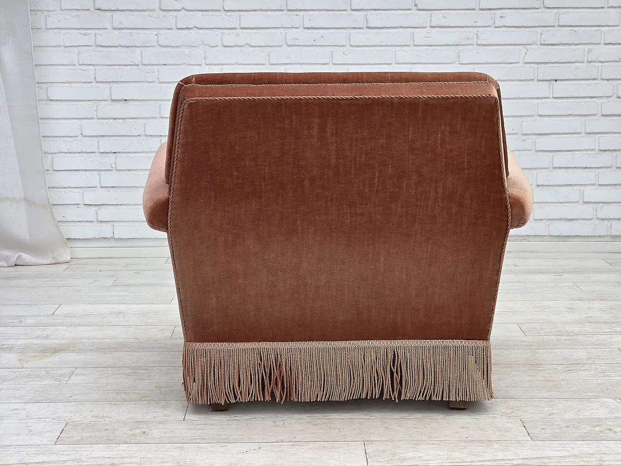 Danish armchair, salmon pink furniture velour, beech wood, 1970s 10