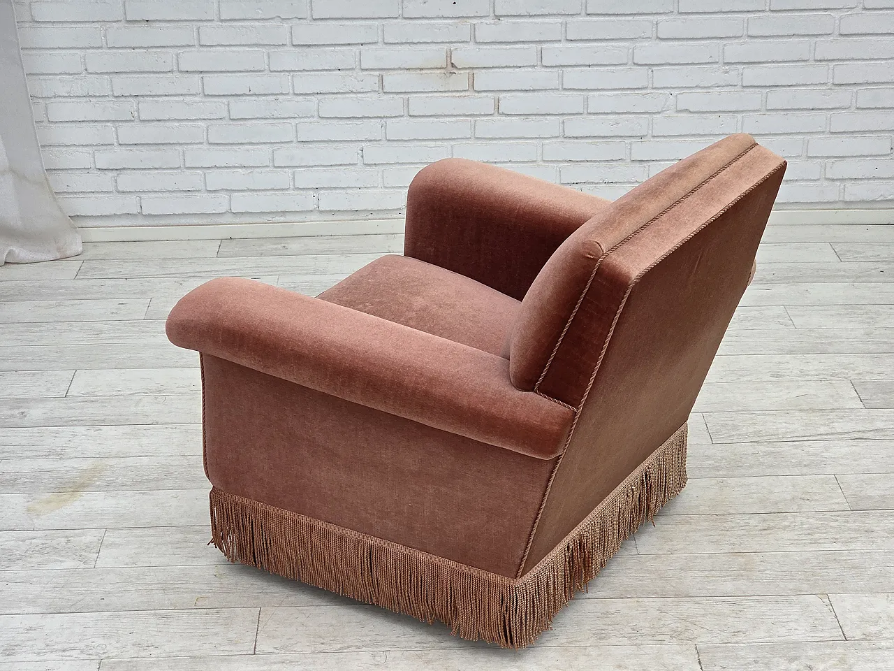 Danish armchair, salmon pink furniture velour, beech wood, 1970s 11