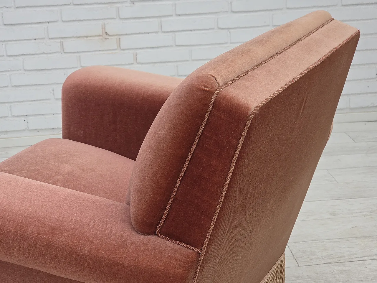 Danish armchair, salmon pink furniture velour, beech wood, 1970s 12