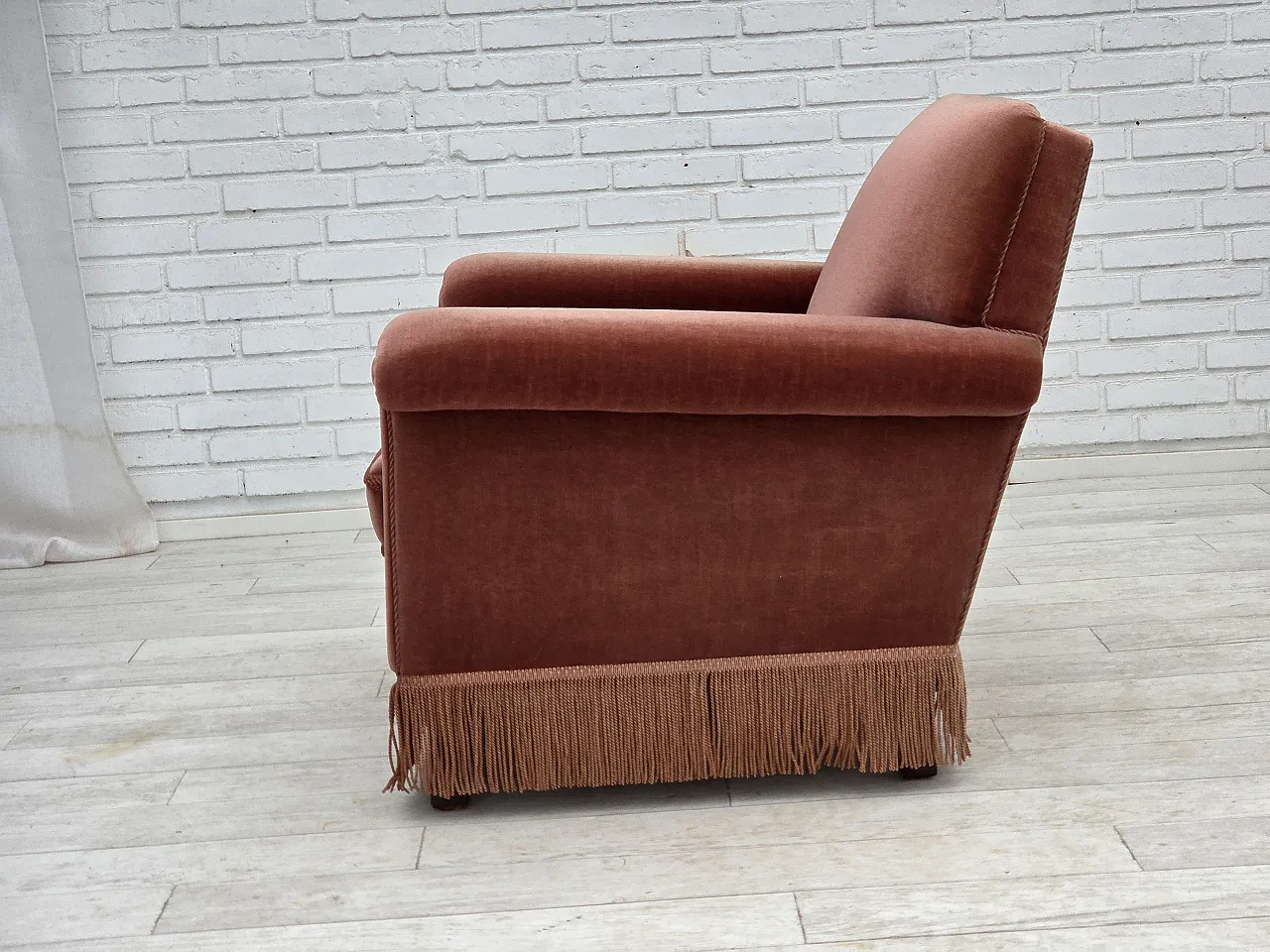 Danish armchair, salmon pink furniture velour, beech wood, 1970s 13