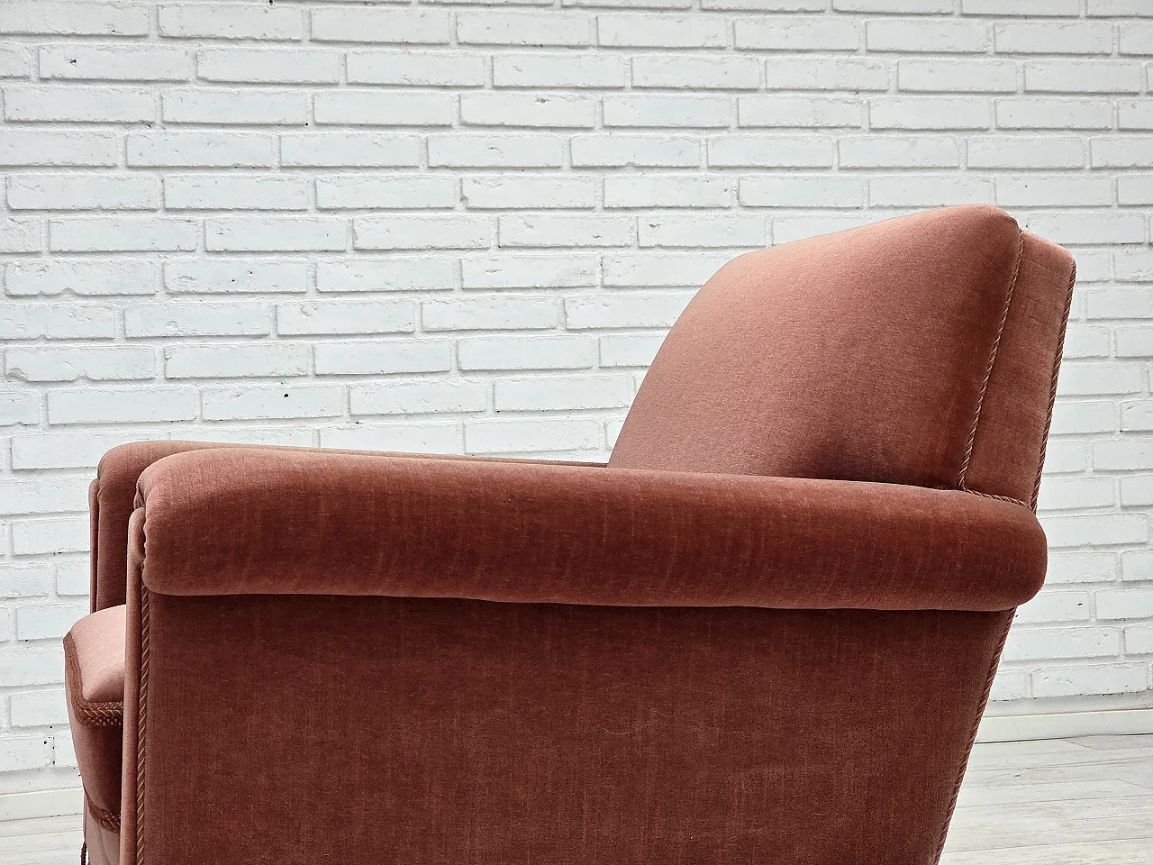 Danish armchair, salmon pink furniture velour, beech wood, 1970s 14