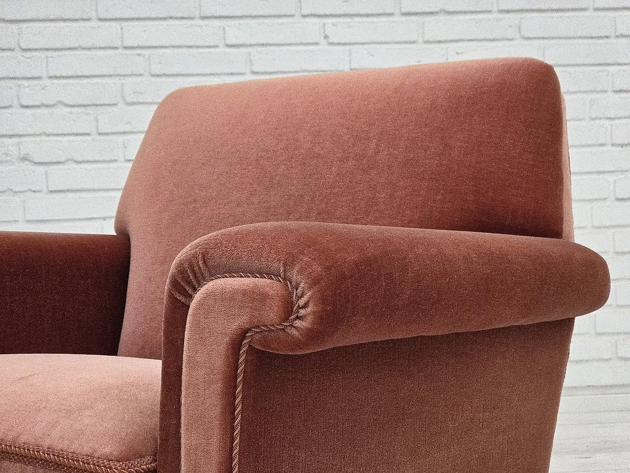 Danish armchair, salmon pink furniture velour, beech wood, 1970s 16
