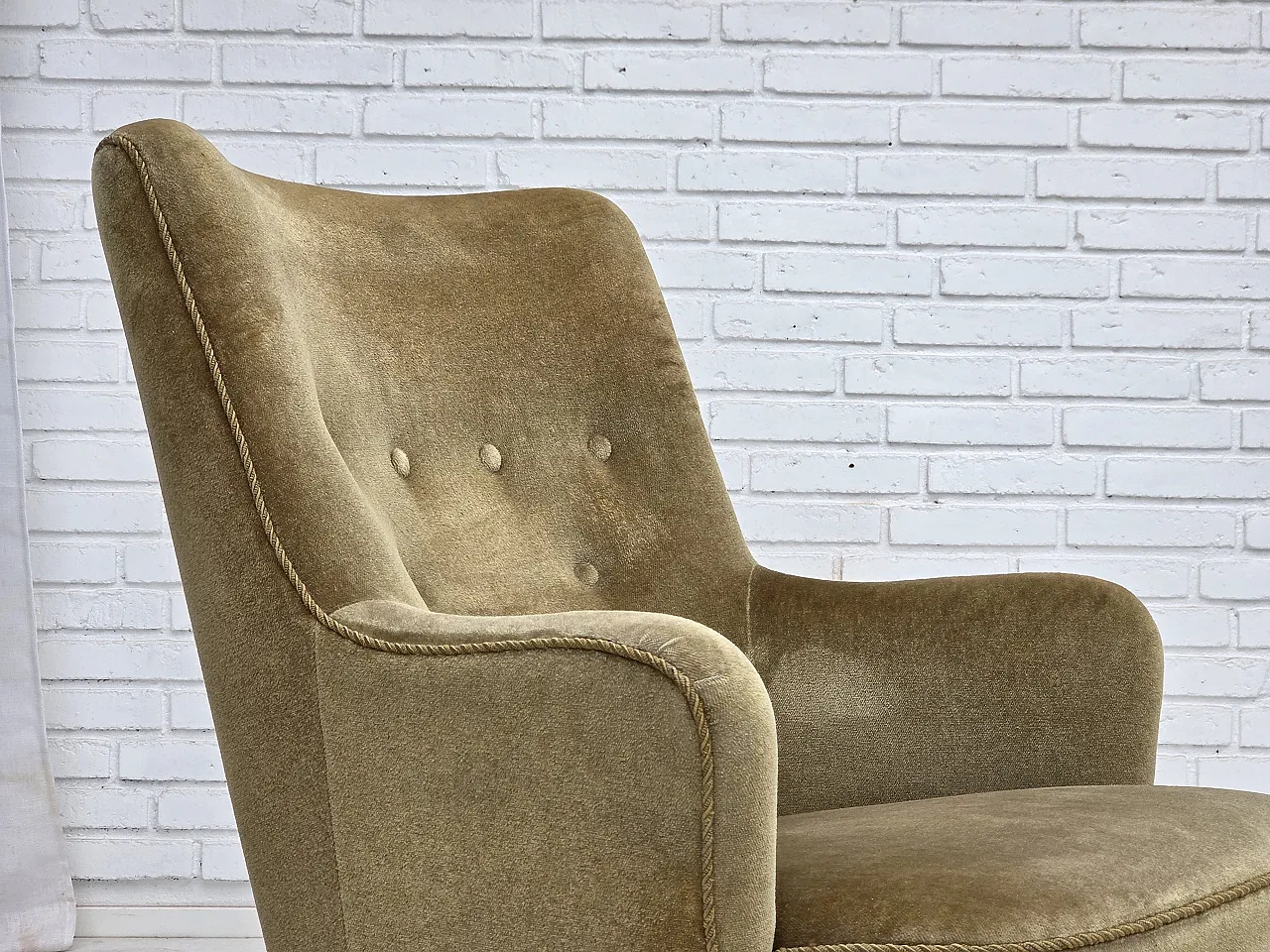 Danish highback armchair, light green furniture velour, 1970s 4
