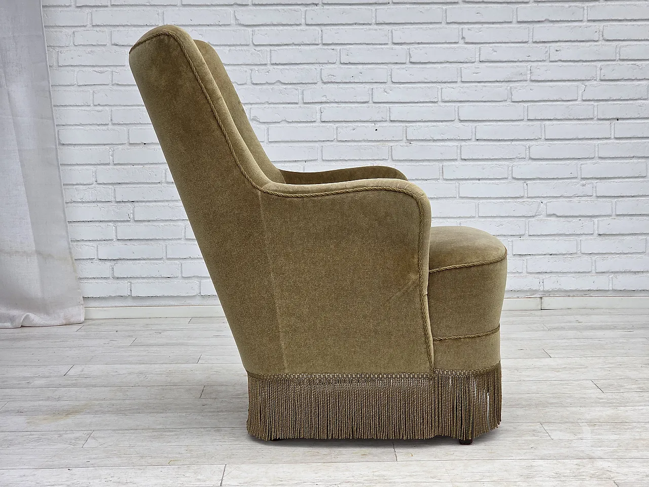 Danish highback armchair, light green furniture velour, 1970s 7