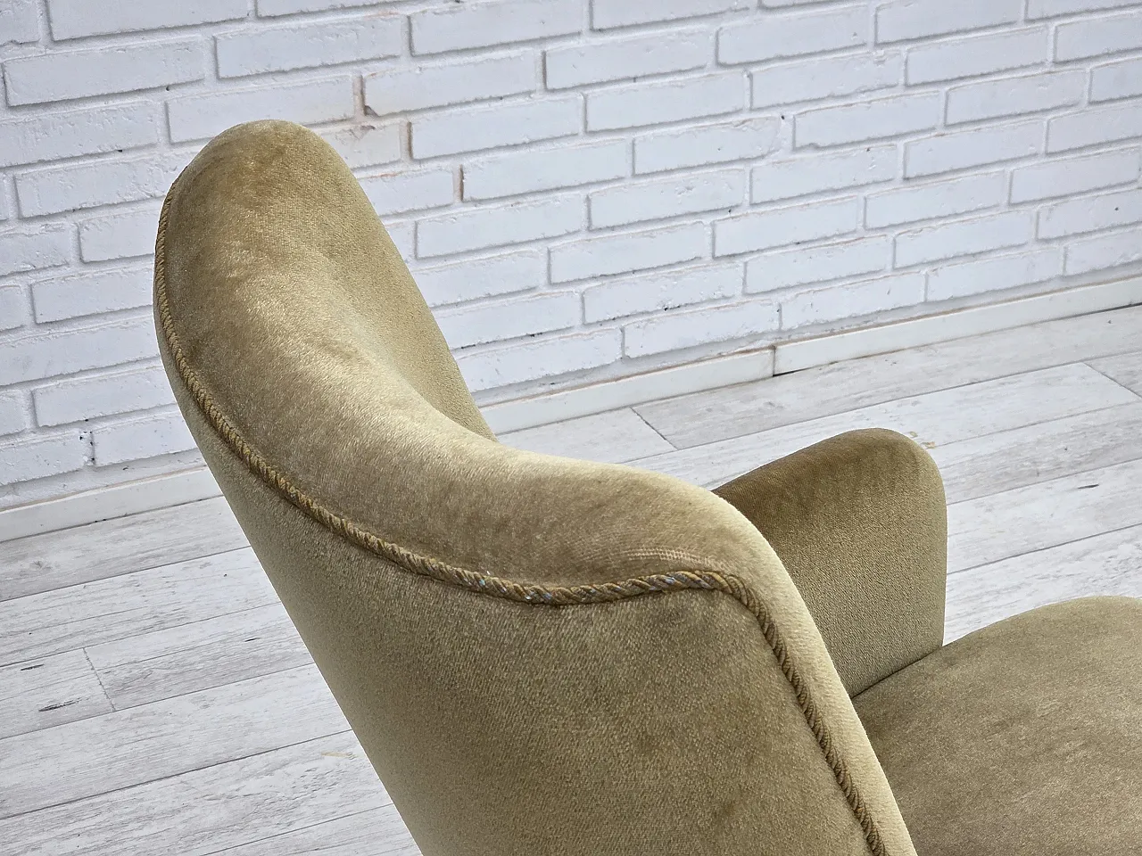 Danish highback armchair, light green furniture velour, 1970s 9