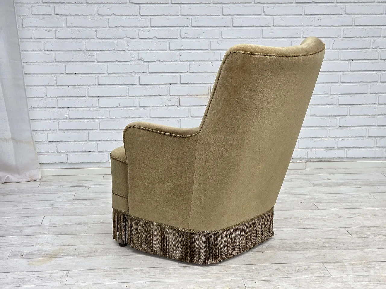Danish highback armchair, light green furniture velour, 1970s 11
