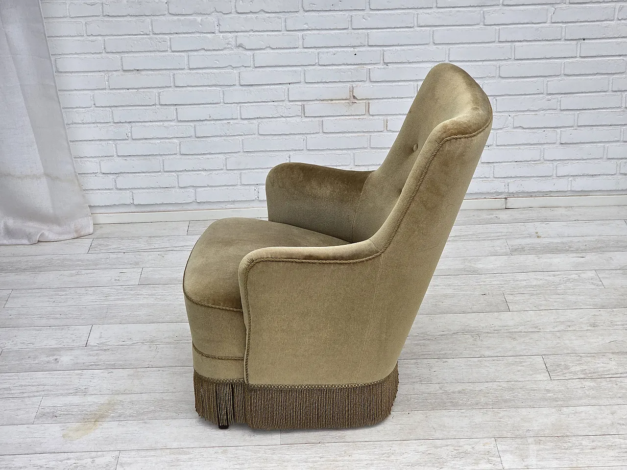 Danish highback armchair, light green furniture velour, 1970s 12