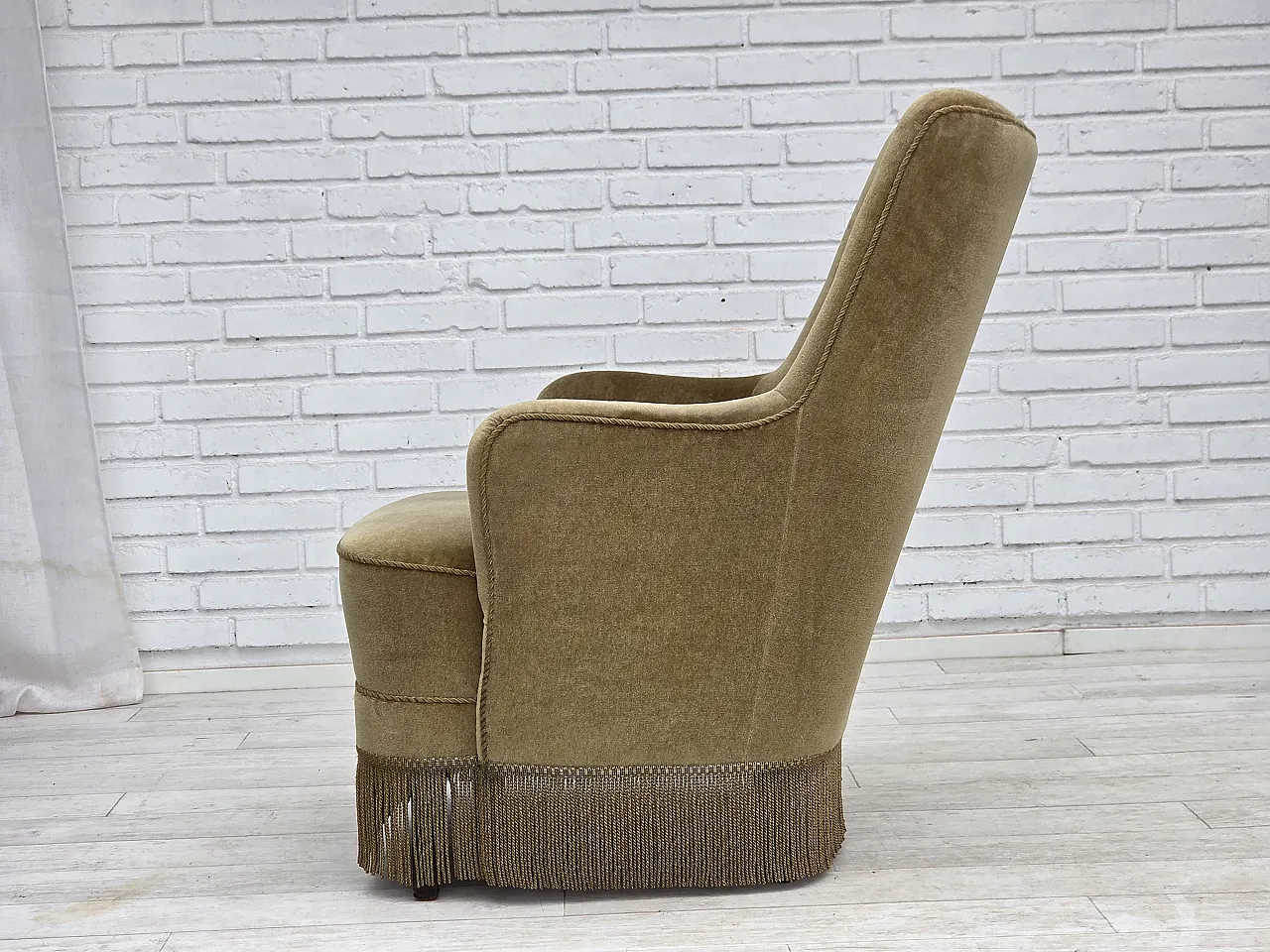 Danish highback armchair, light green furniture velour, 1970s 13