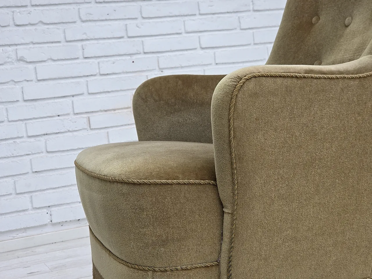 Danish highback armchair, light green furniture velour, 1970s 14