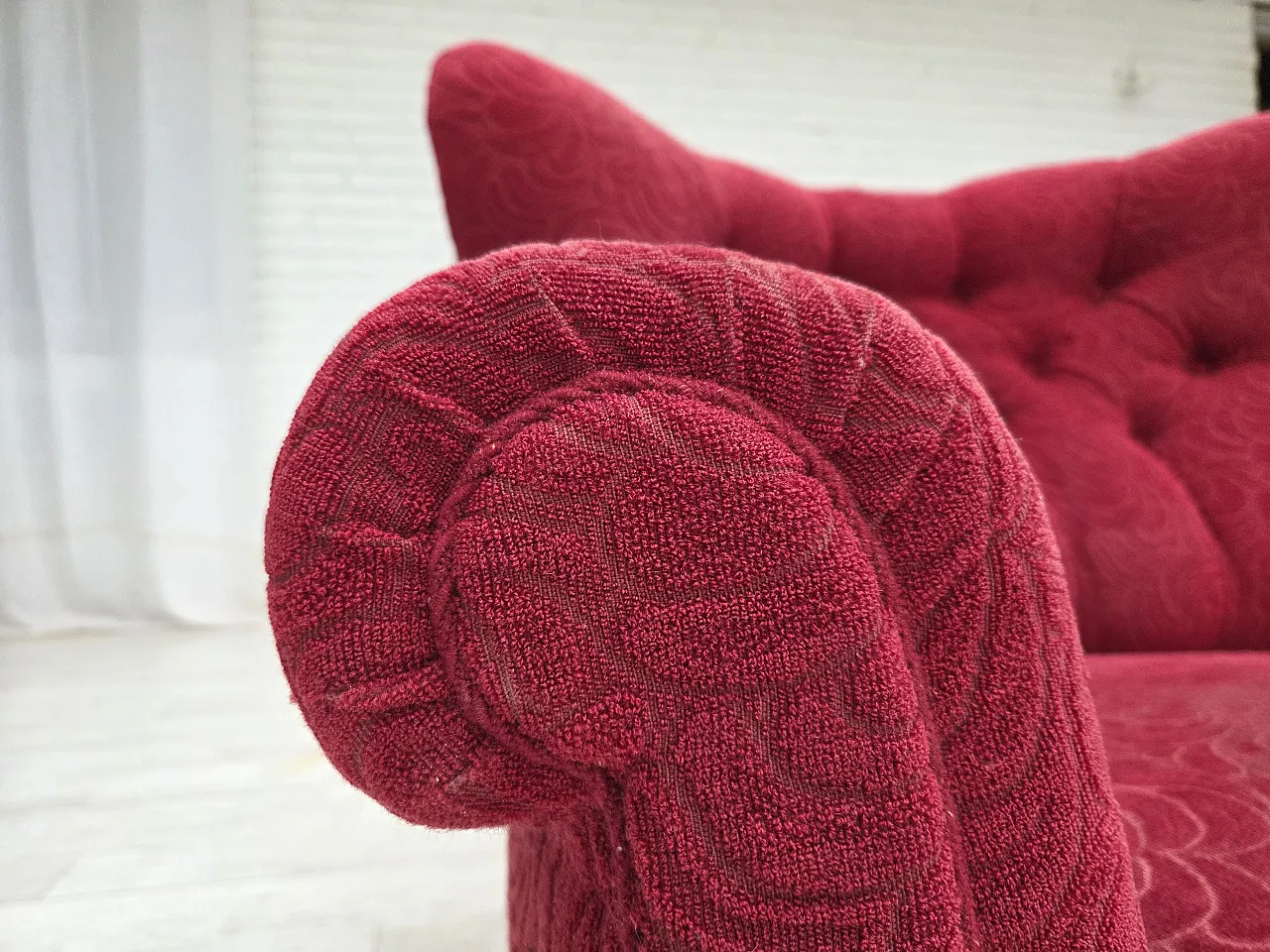 Danish relax armchair, red fabric, ash wood legs, 1950s 2