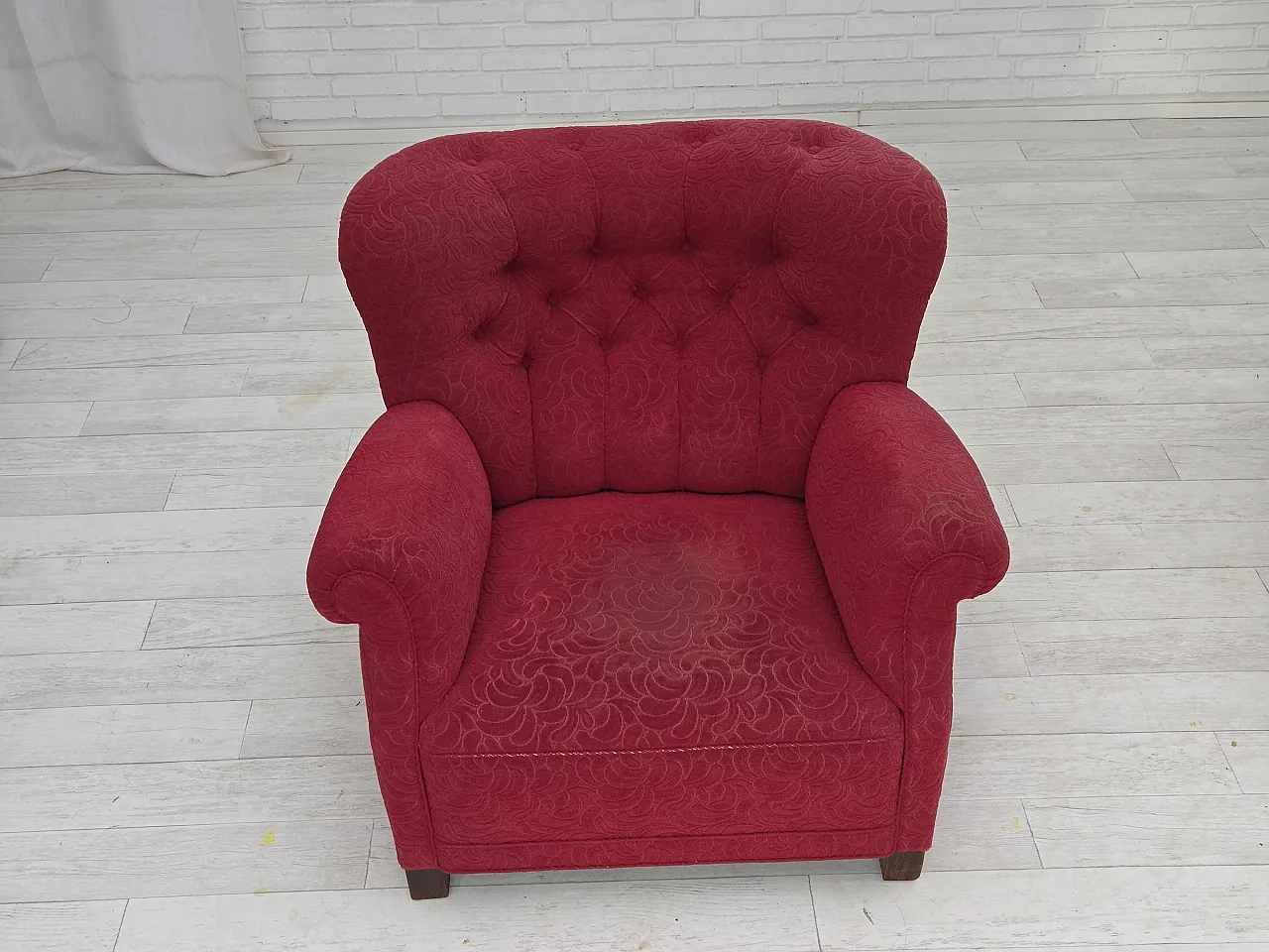 Danish relax armchair, red fabric, ash wood legs, 1950s 4