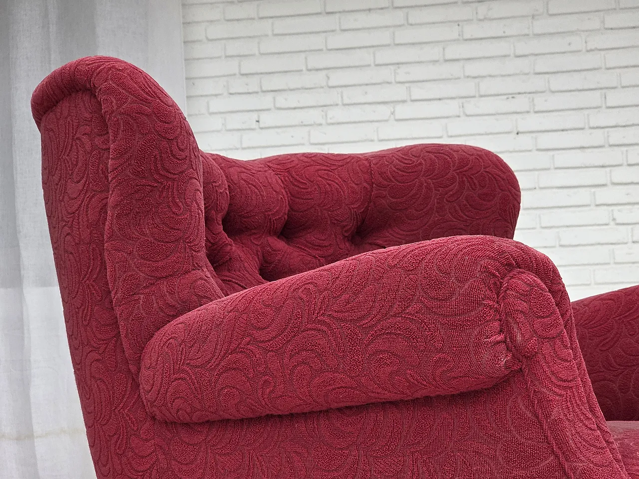 Danish relax armchair, red fabric, ash wood legs, 1950s 7