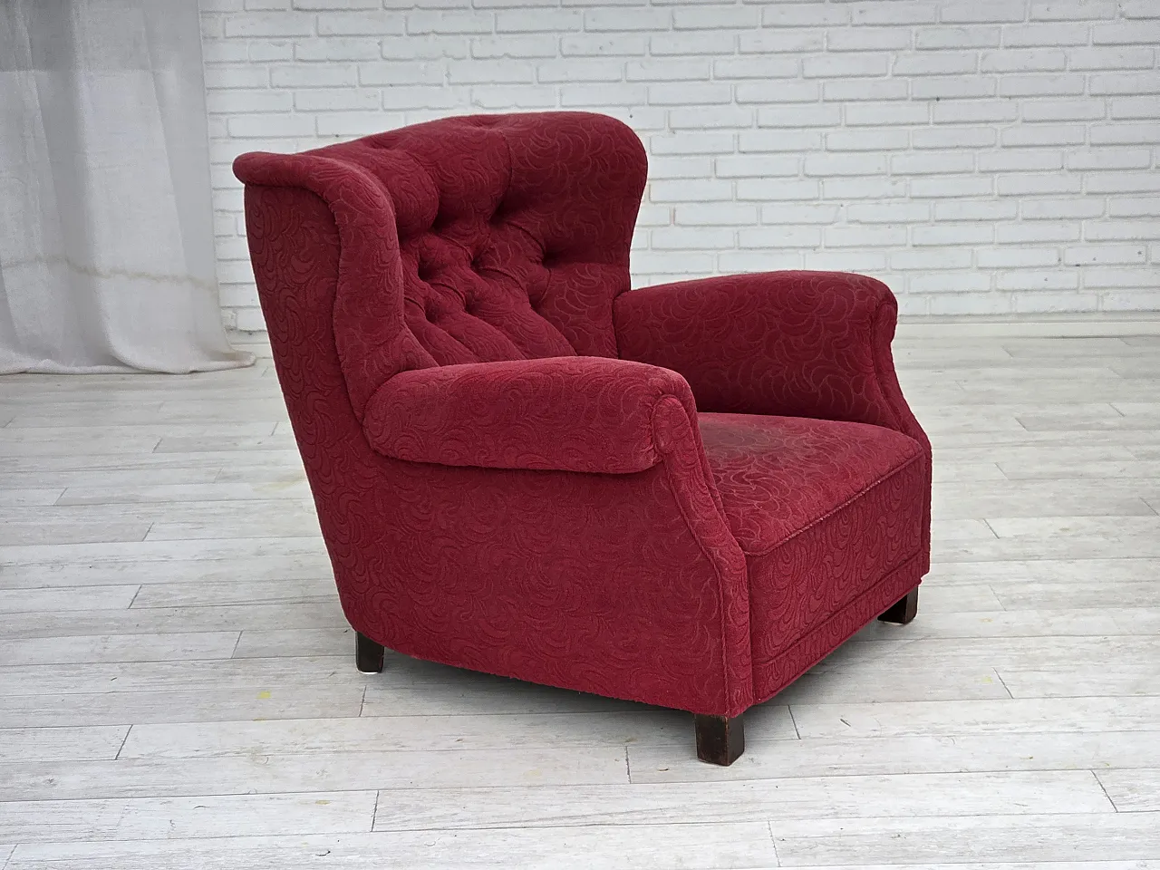 Danish relax armchair, red fabric, ash wood legs, 1950s 8