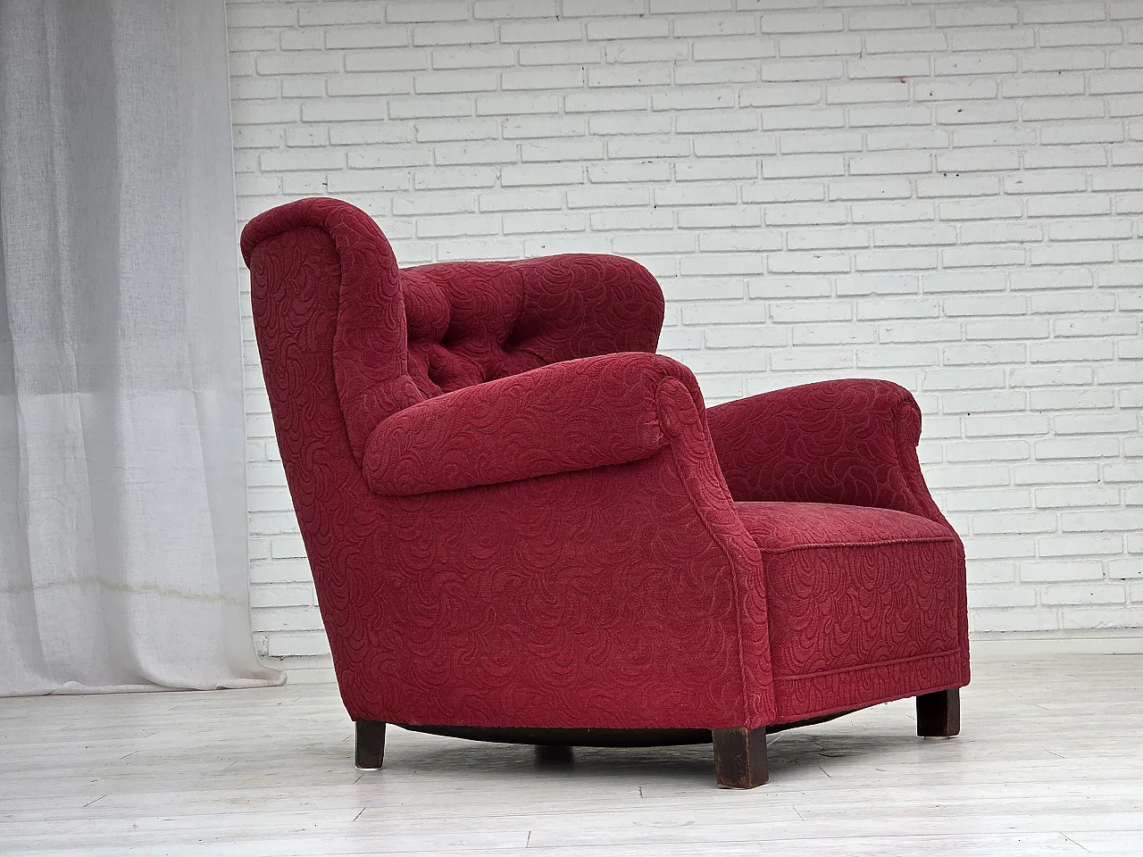 Danish relax armchair, red fabric, ash wood legs, 1950s 9