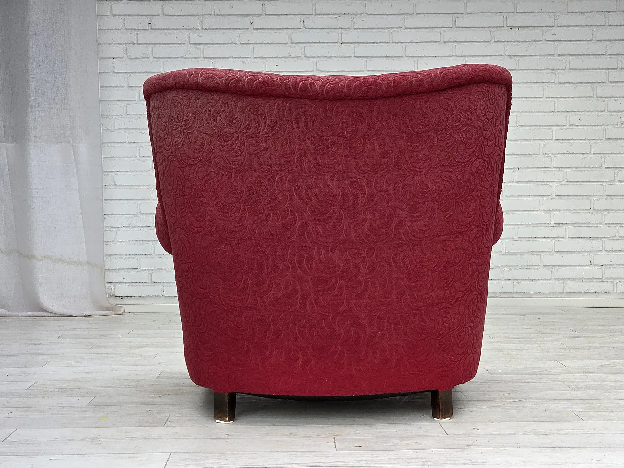 Danish relax armchair, red fabric, ash wood legs, 1950s 15