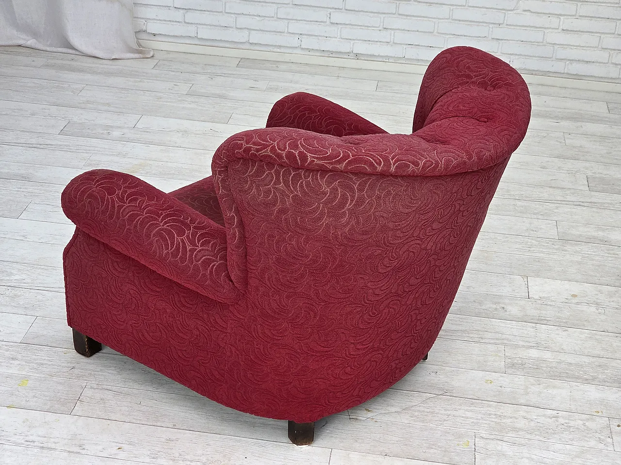 Danish relax armchair, red fabric, ash wood legs, 1950s 17