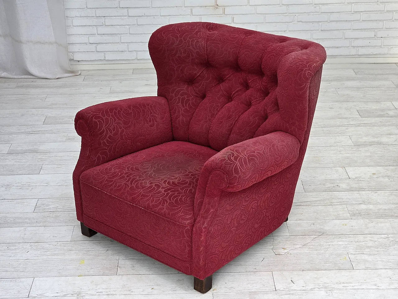 Danish relax armchair, red fabric, ash wood legs, 1950s 19