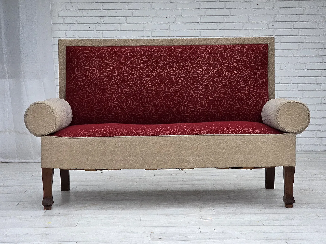 Danish sofa-daybed, red/beige wool, ash wood legs, 1950s 1