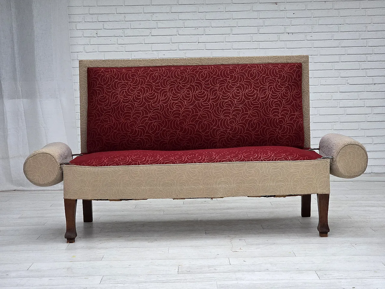 Danish sofa-daybed, red/beige wool, ash wood legs, 1950s 2