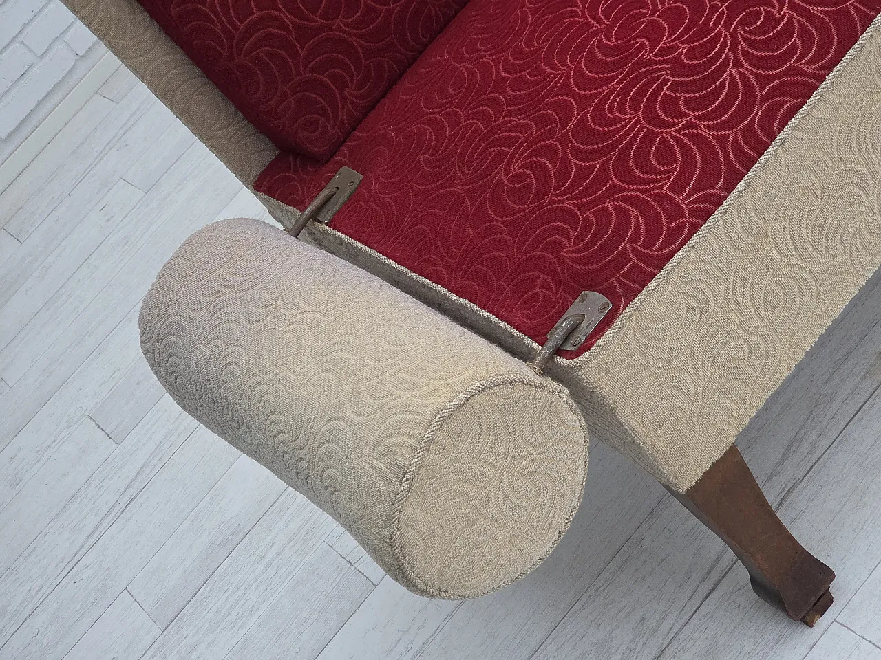 Danish sofa-daybed, red/beige wool, ash wood legs, 1950s 3