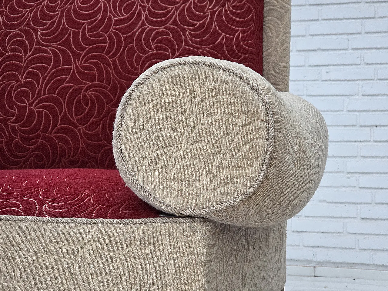 Danish sofa-daybed, red/beige wool, ash wood legs, 1950s 5