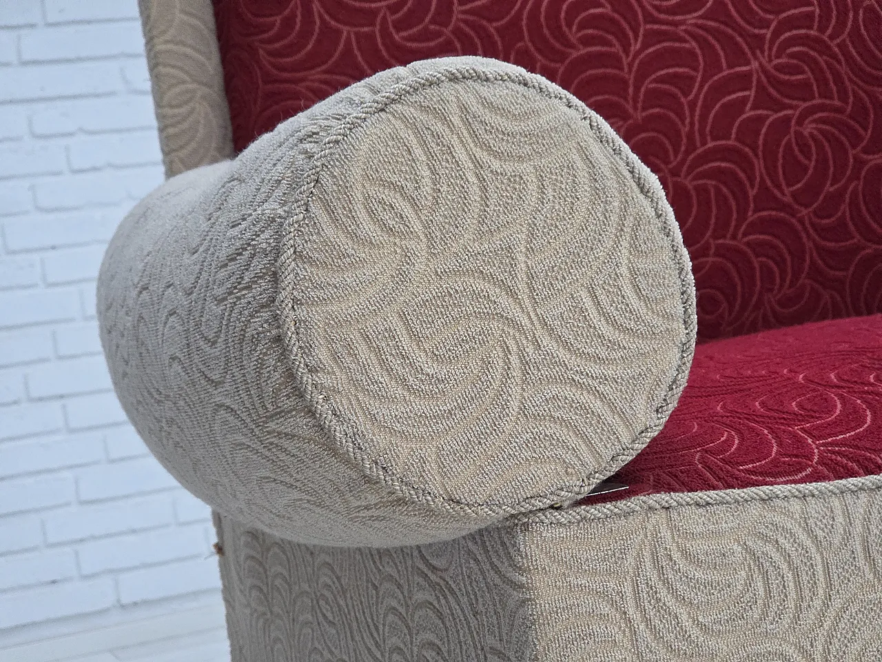 Danish sofa-daybed, red/beige wool, ash wood legs, 1950s 6