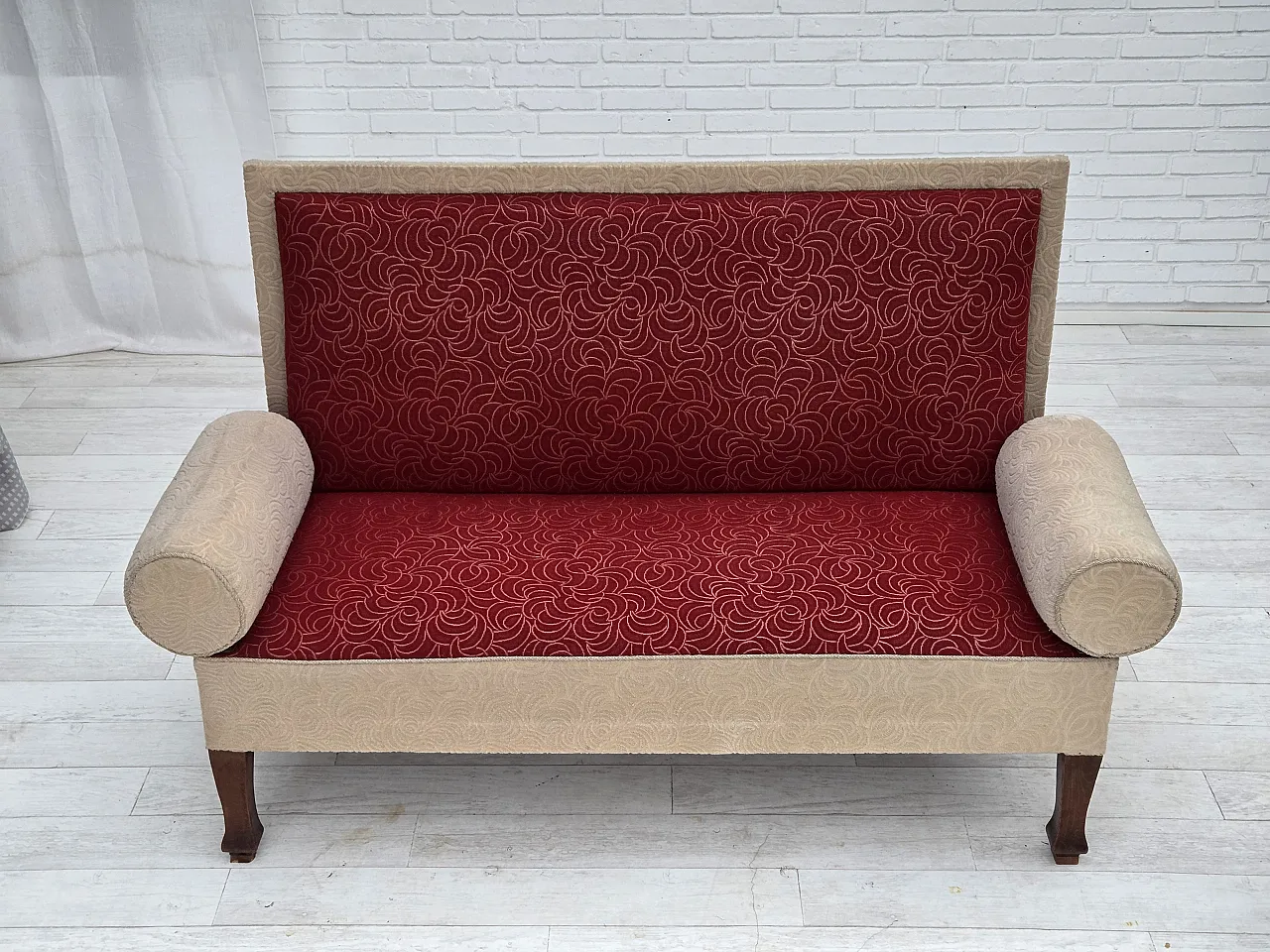 Danish sofa-daybed, red/beige wool, ash wood legs, 1950s 8